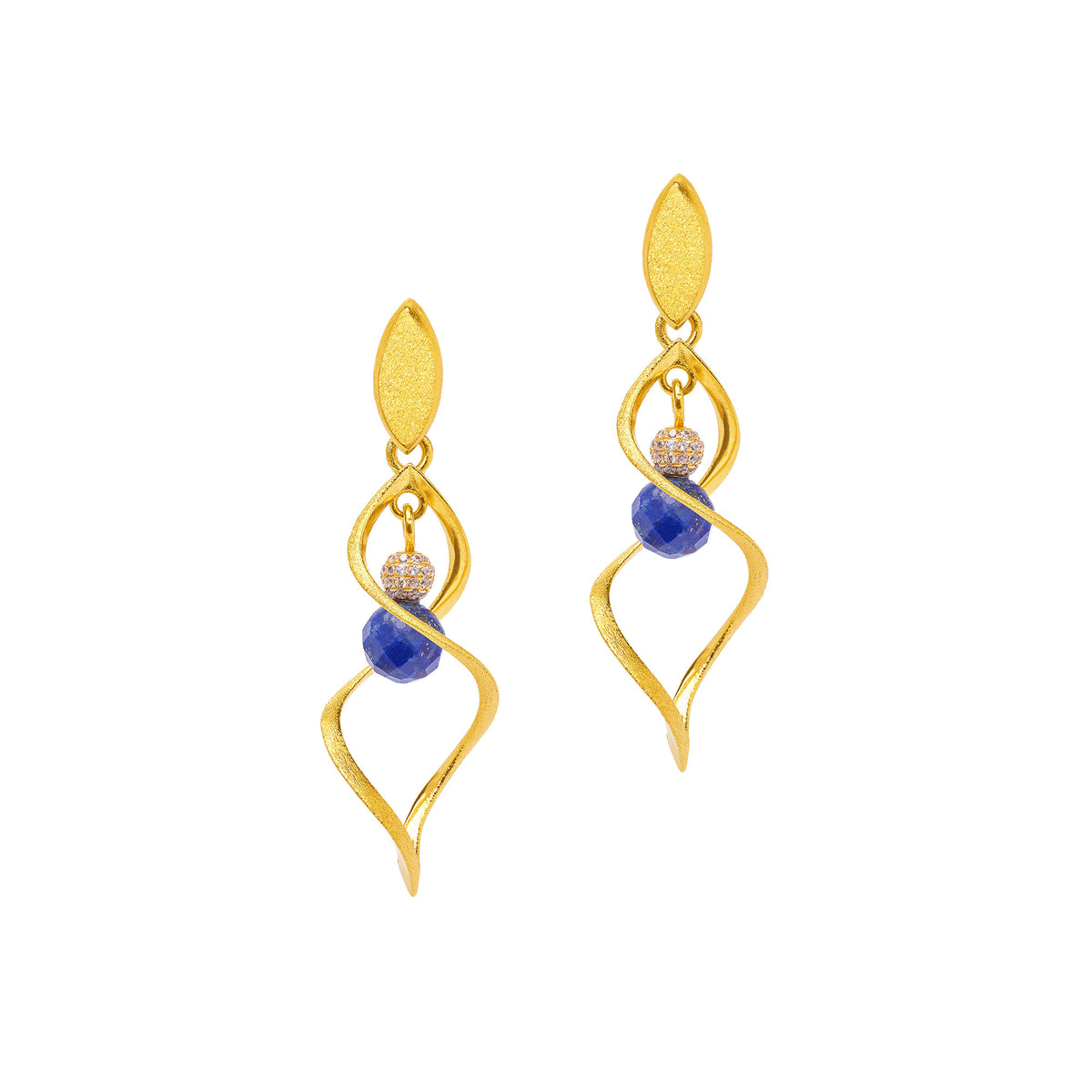 Ohrhänger Spiranna von BERND WOLF aus 24-Karat-goldplattiertem Sterlingsilber mit Lapislazuli, Designlinie Navette.