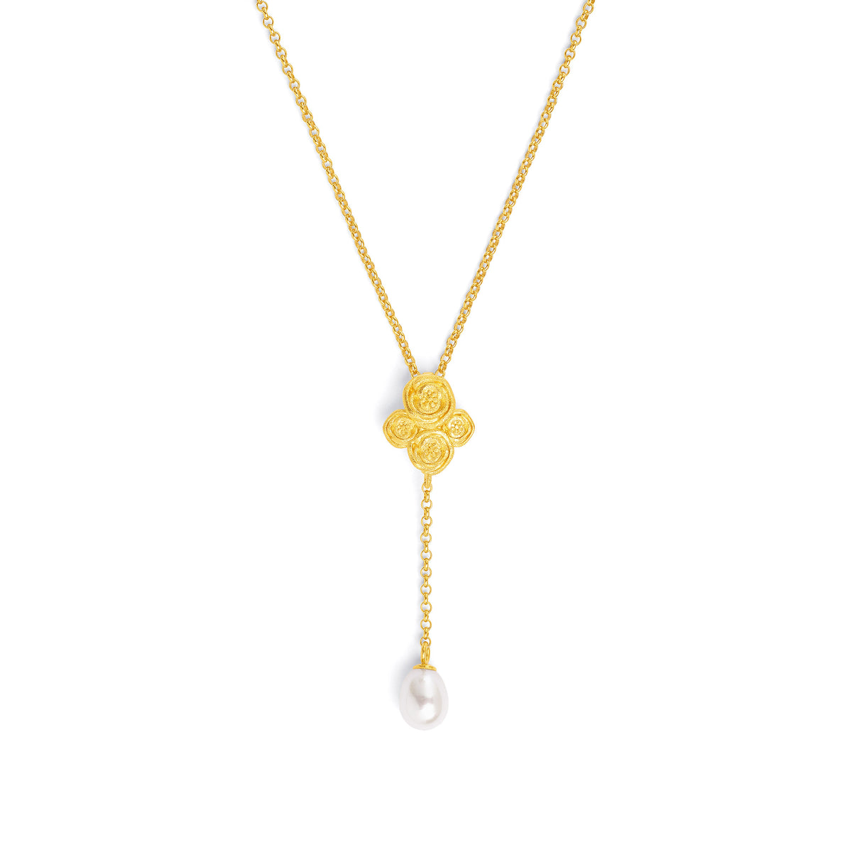 Kette mit Anhänger Roseca von BERND WOLF aus 24-Karat-goldplattiertem Sterlingsilber mit Süßwasserperle, Designlinie Rose.