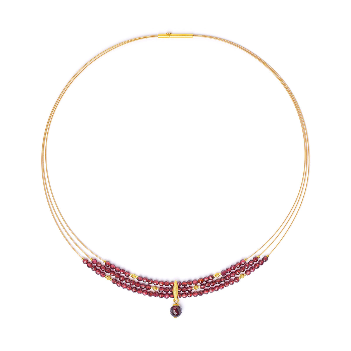 Collier Venibali von BERND WOLF aus 24-Karat-goldplattiertem Sterlingsilber mit Granat, Designlinie Navette.