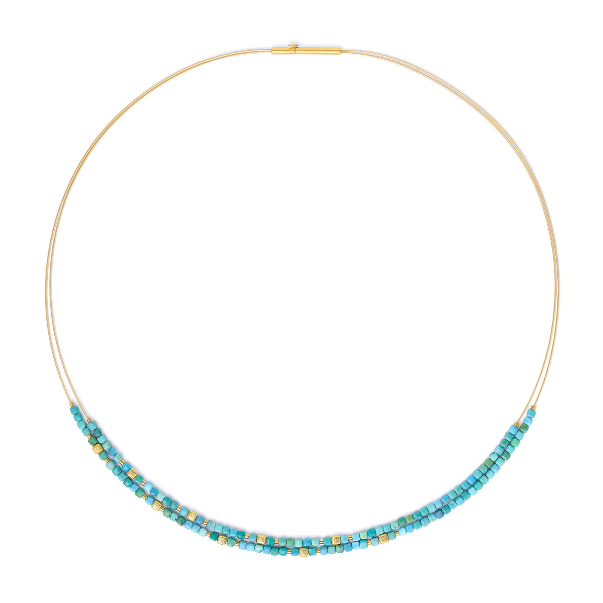 Collier Cusca von BERND WOLF aus 24-Karat-goldplattiertem Sterlingsilber mit Türkis blau, Designlinie Cubes.