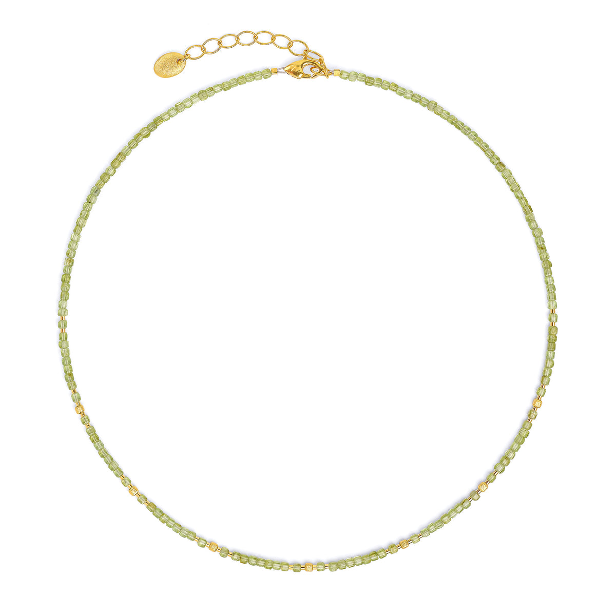 Halskette Cuseva von BERND WOLF aus 24-Karat-goldplattiertem Sterlingsilber mit Peridot, Designlinie Cubes.