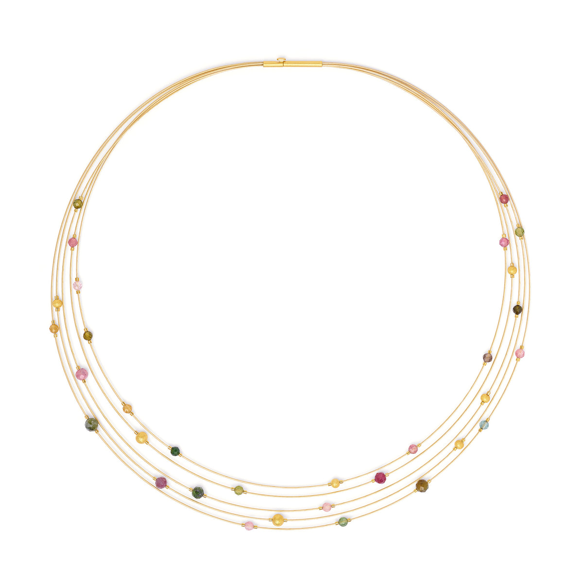 Collier Planety von BERND WOLF aus 24-Karat-goldplattiertem Sterlingsilber mit Turmalin, Designlinie Orbit.