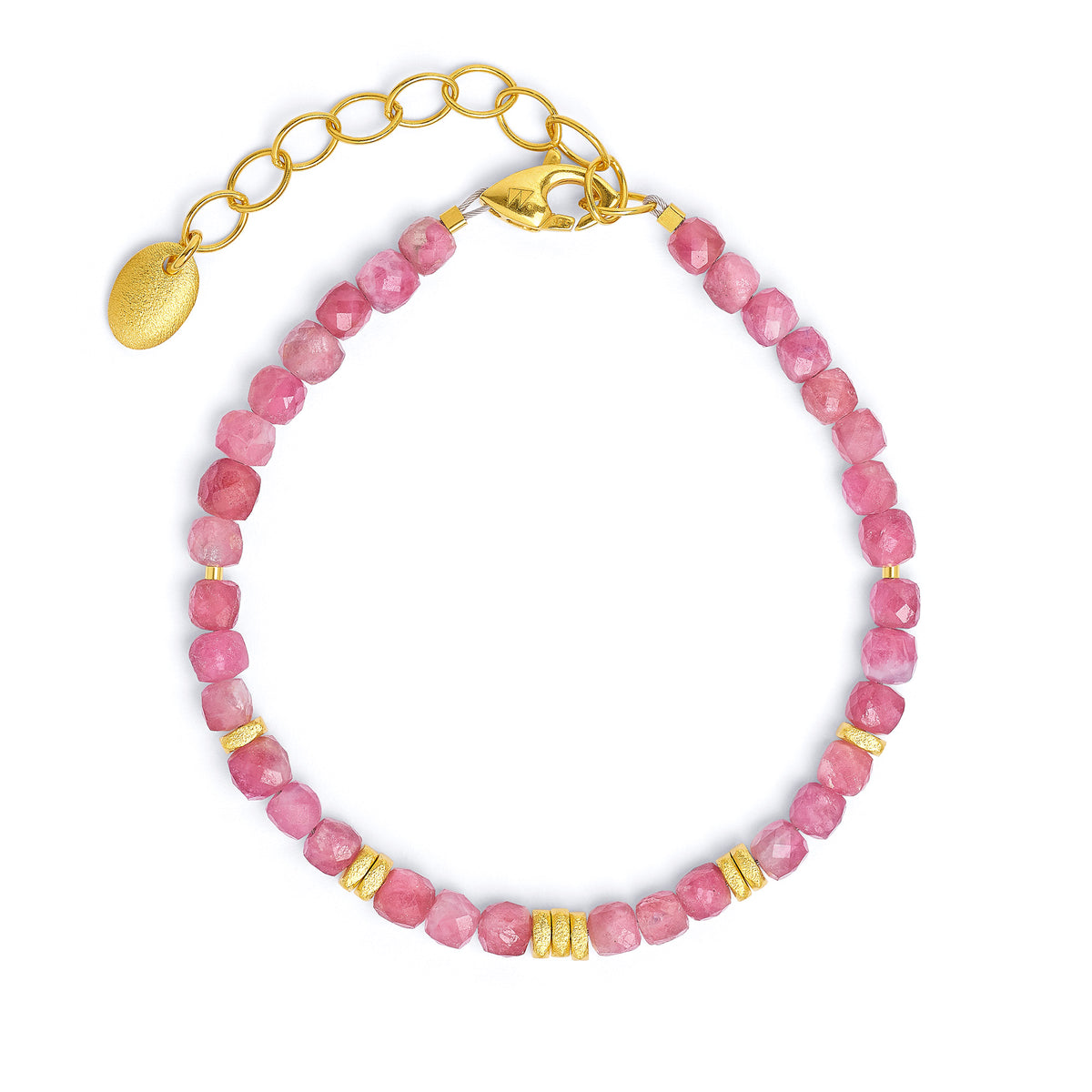 Armkette Fabella von BERND WOLF aus 24-Karat-goldplattiertem Sterlingsilber mit Turmalin pink, Designlinie Cubes.