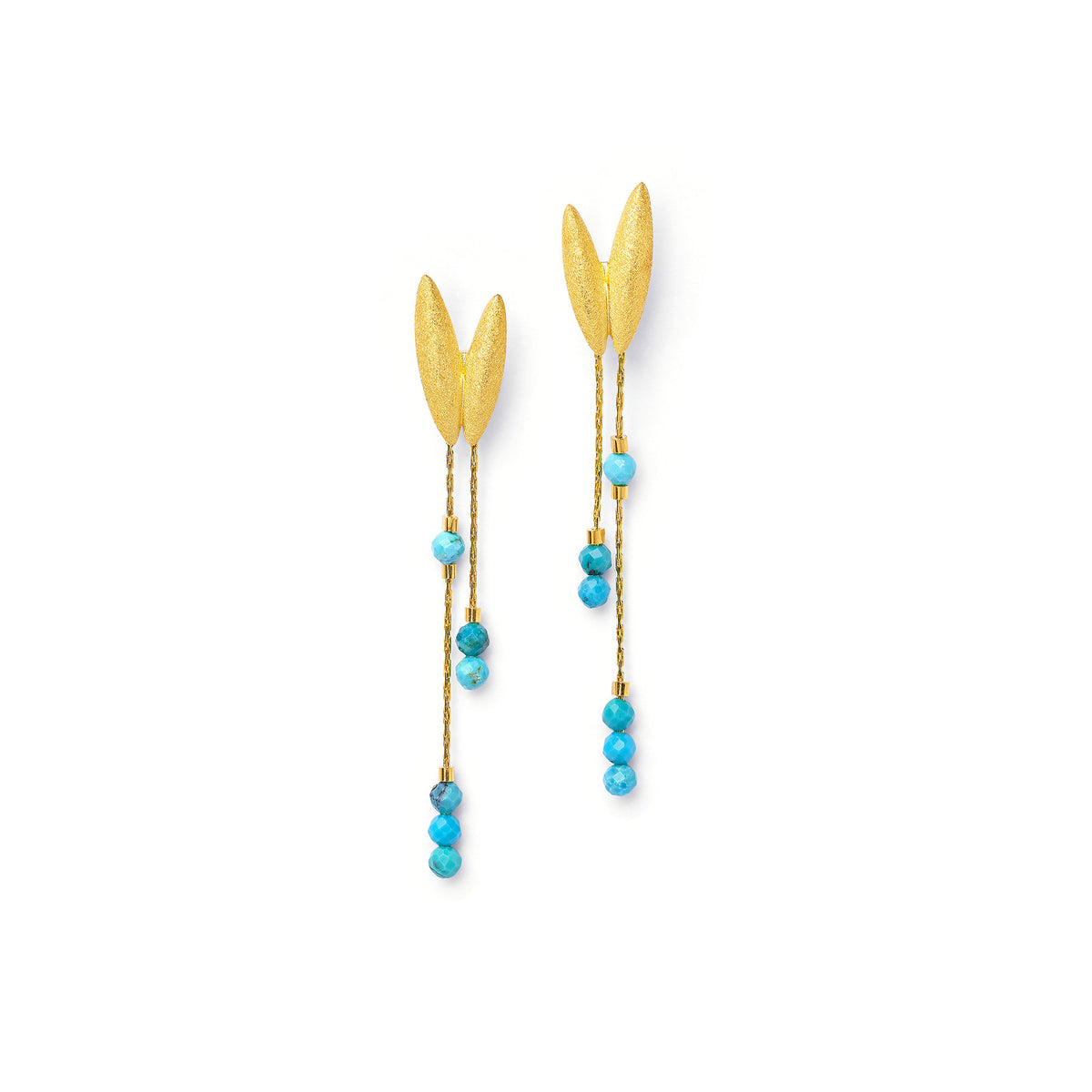 Ohrhänger Venalis von BERND WOLF aus 24-Karat-goldplattiertem Sterlingsilber mit Türkis blau, Designlinie Navette.