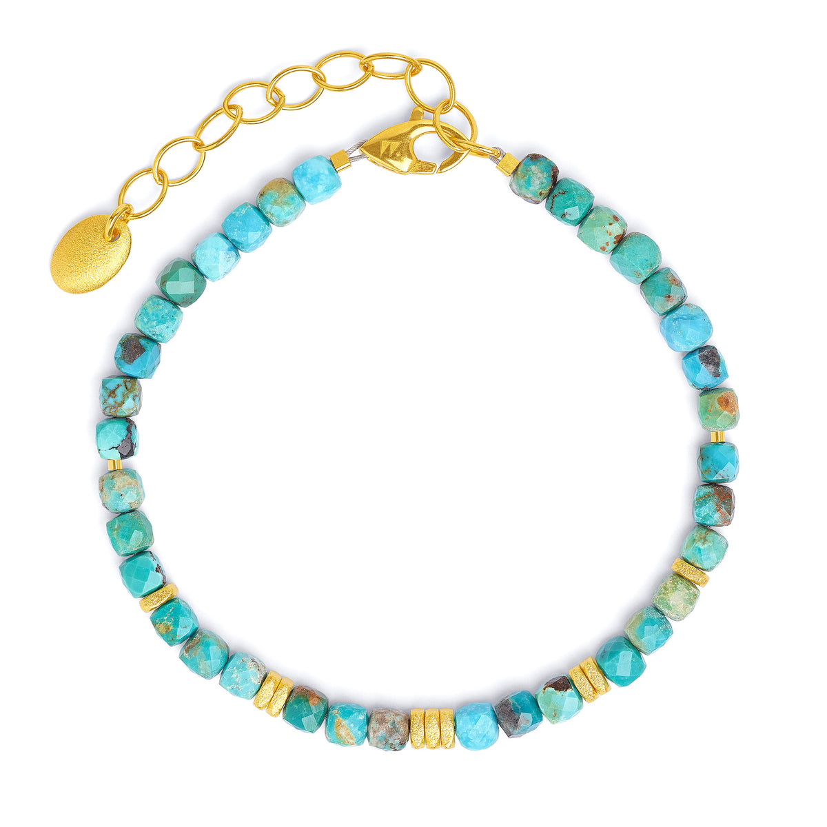 Armkette Fabella von BERND WOLF aus 24-Karat-goldplattiertem Sterlingsilber mit Türkis blau, Designlinie Cubes.