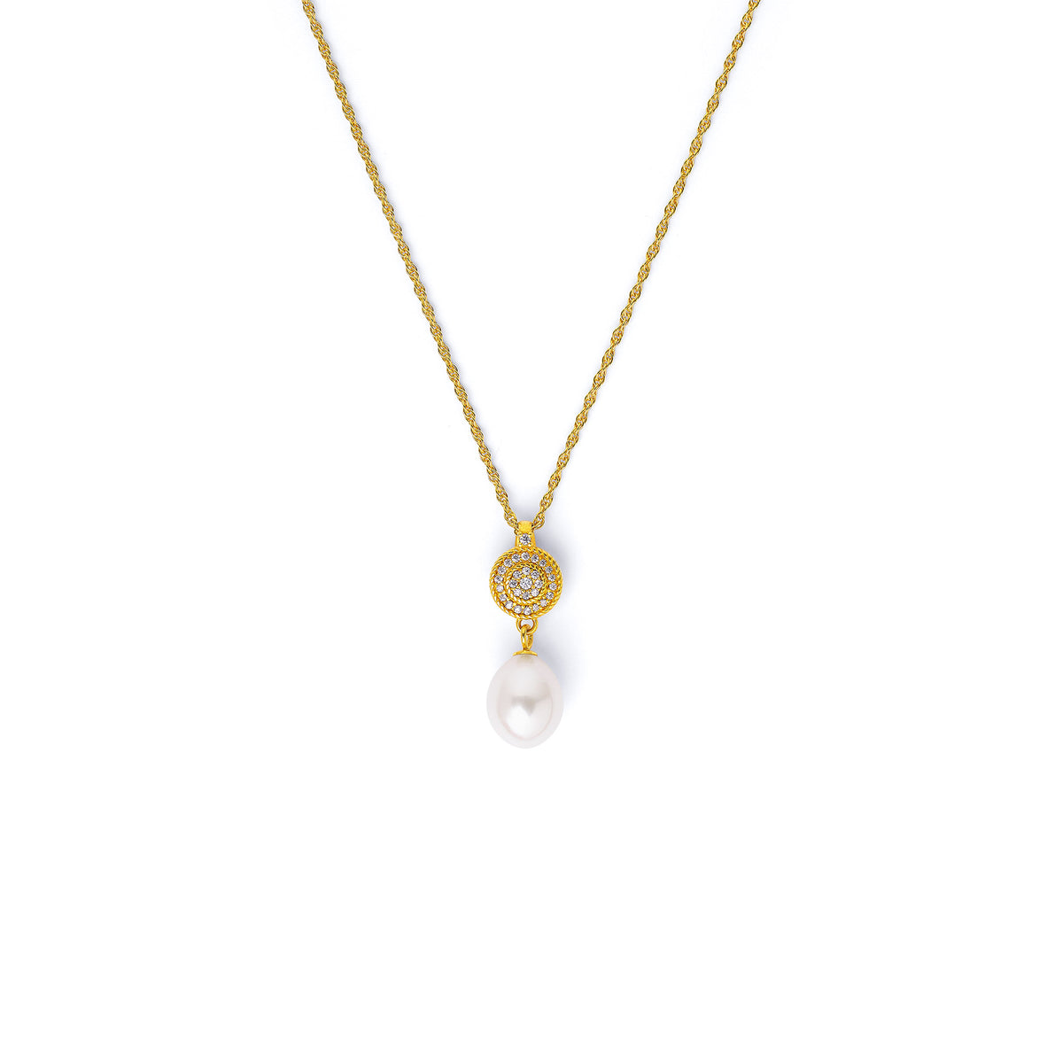 Kette mit Anhänger Vernello von BERND WOLF aus 24-Karat-goldplattiertem Sterlingsilber mit Süßwasserperle, Designlinie Sparkling Pavé.