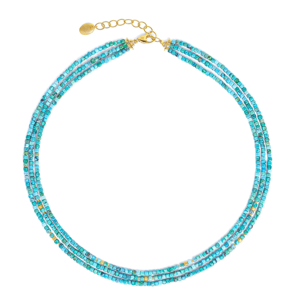 Halskette Cutrias von BERND WOLF aus 24-Karat-goldplattiertem Sterlingsilber mit Türkis blau, Designlinie Cubes.