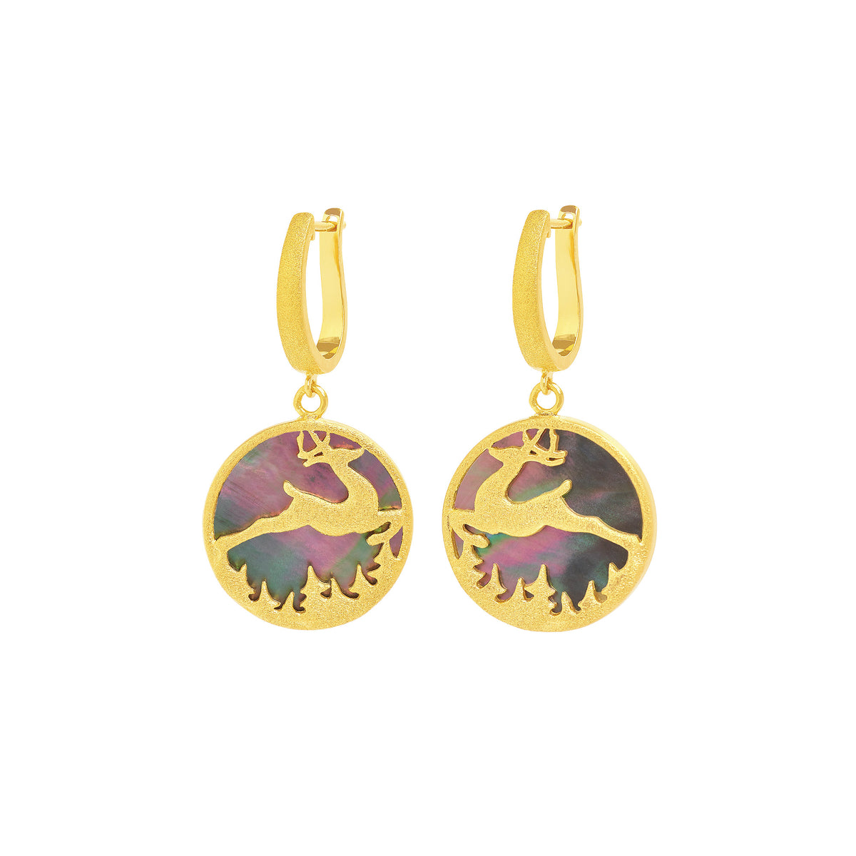 Ohrhänger Hirsch von BERND WOLF aus 24-Karat-goldplattiertem Sterlingsilber mit schwarzer Perlmutt, Designlinie Bergwelt.