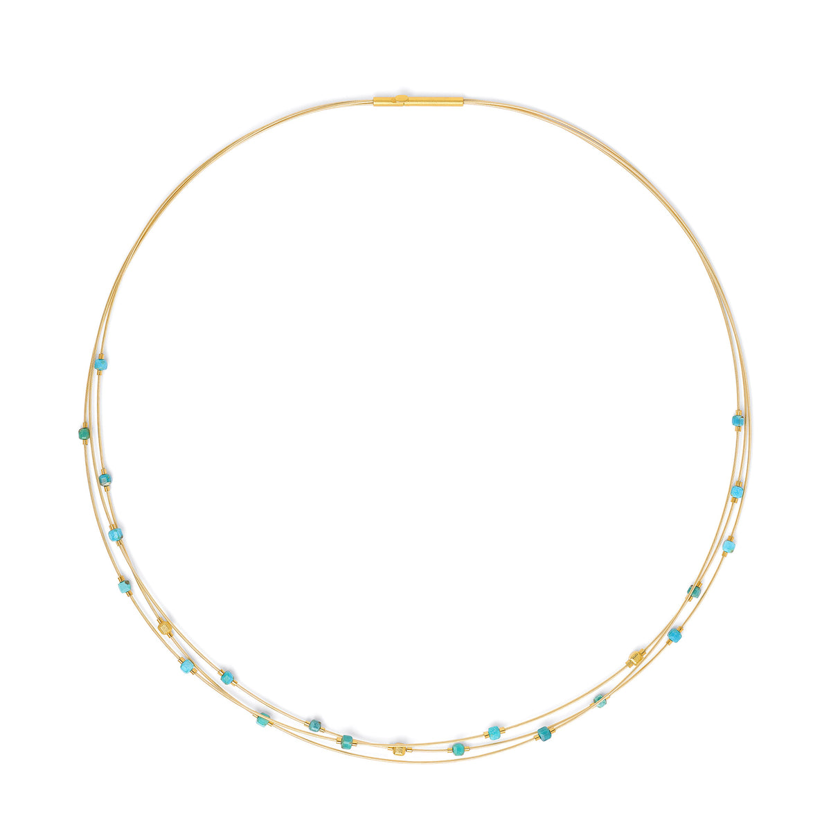 Collier Lacusenia von BERND WOLF aus 24-Karat-goldplattiertem Sterlingsilber mit Türkis blau, Designlinie Cubes.
