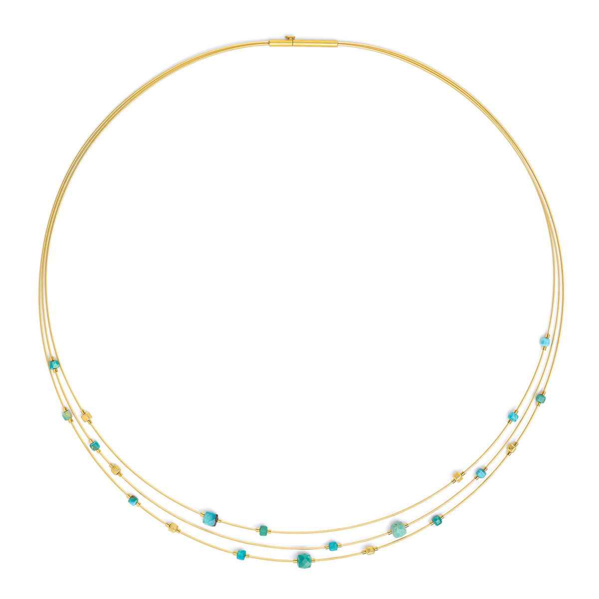 Collier Cubetinos von BERND WOLF aus 24-Karat-goldplattiertem Sterlingsilber mit Türkis blau, Designlinie Cubes.