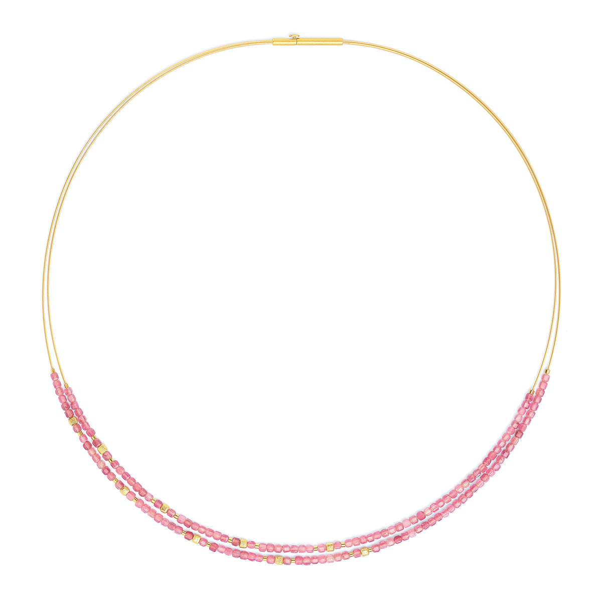 Collier Cusca von BERND WOLF aus 24-Karat-goldplattiertem Sterlingsilber mit Turmalin pink, Designlinie Cubes.