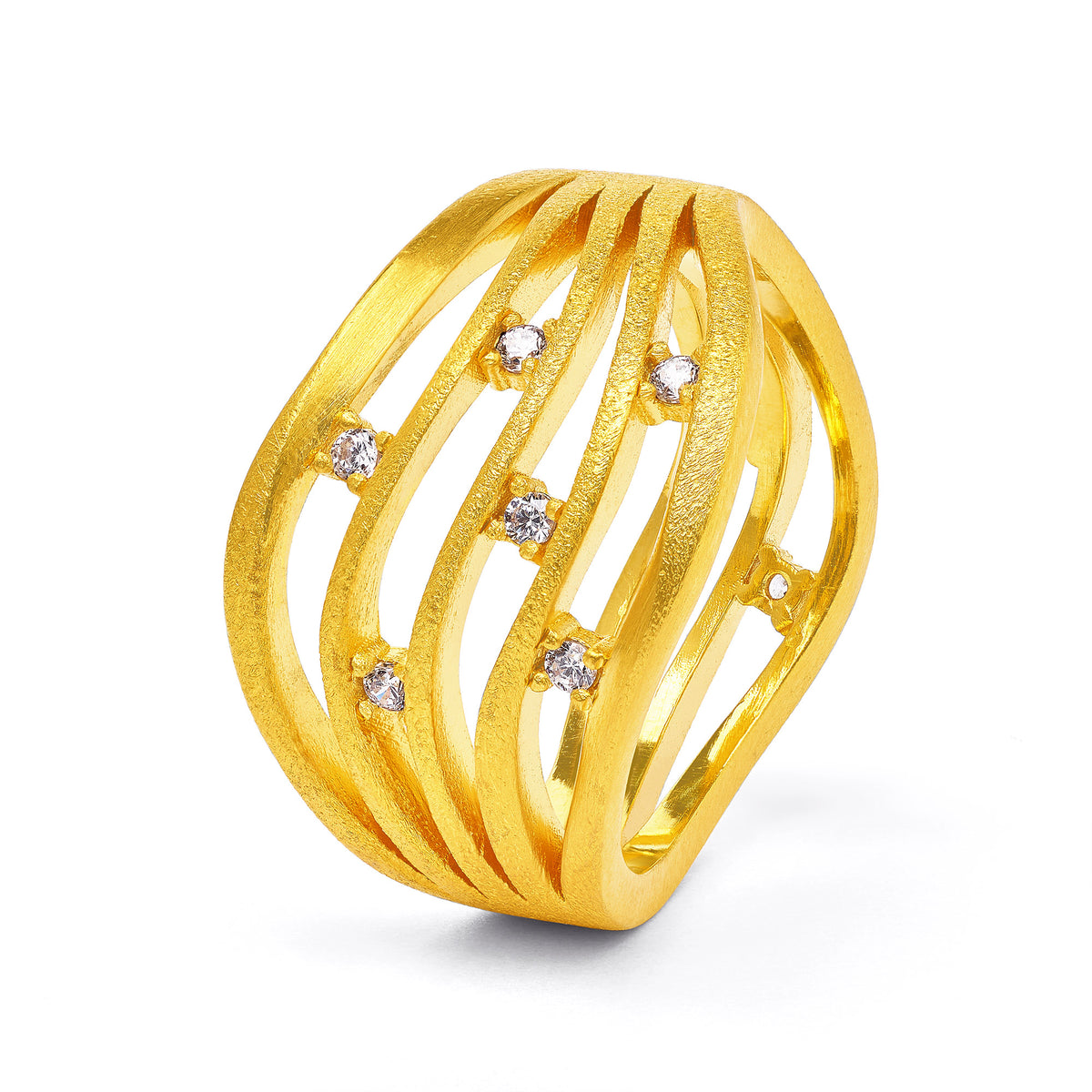 Ring Selma von BERND WOLF aus 24-Karat-goldplattiertem Sterlingsilber mit Zirkonia, Designlinie Swing.