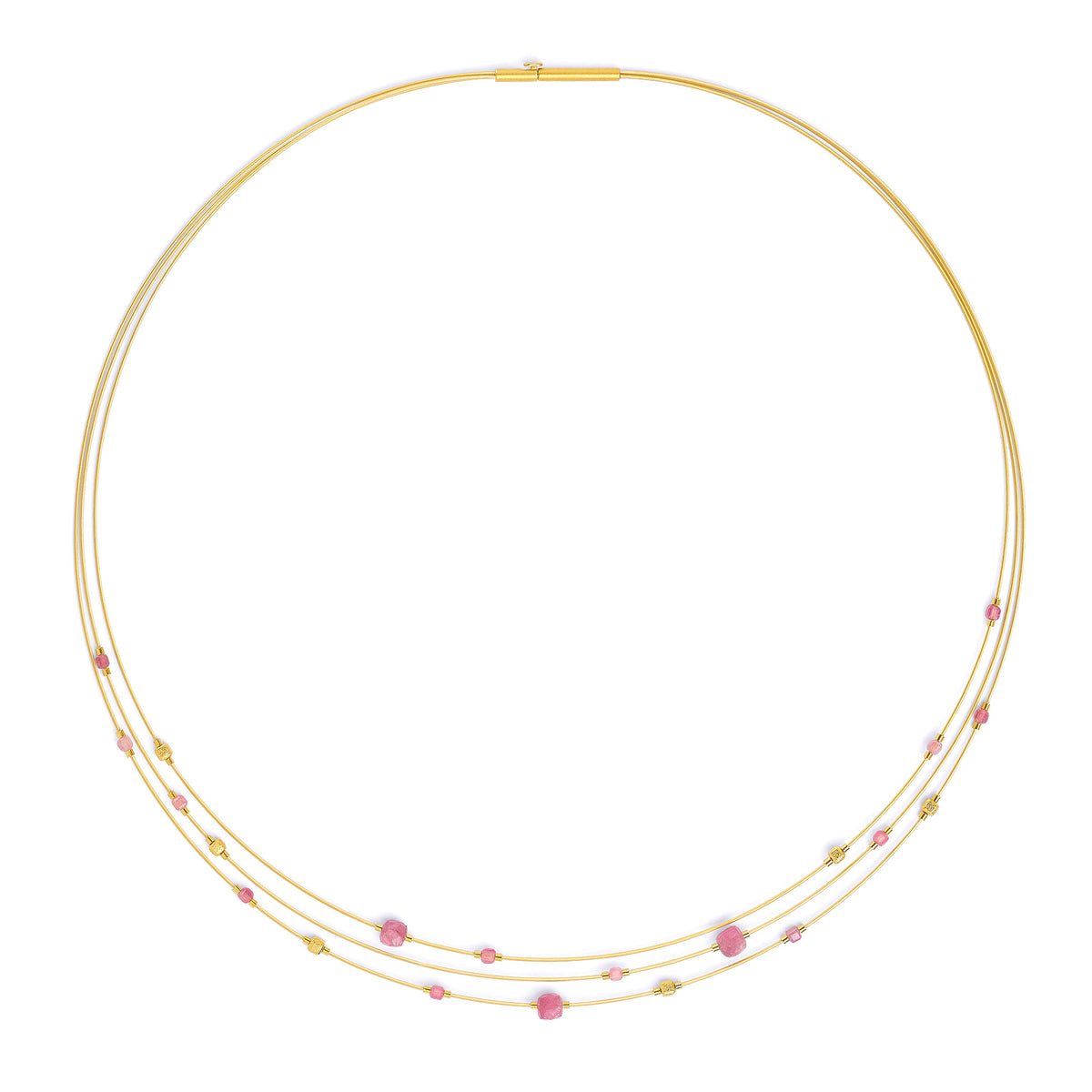 Collier Cubetinos von BERND WOLF aus 24-Karat-goldplattiertem Sterlingsilber mit Turmalin pink, Designlinie Cubes.