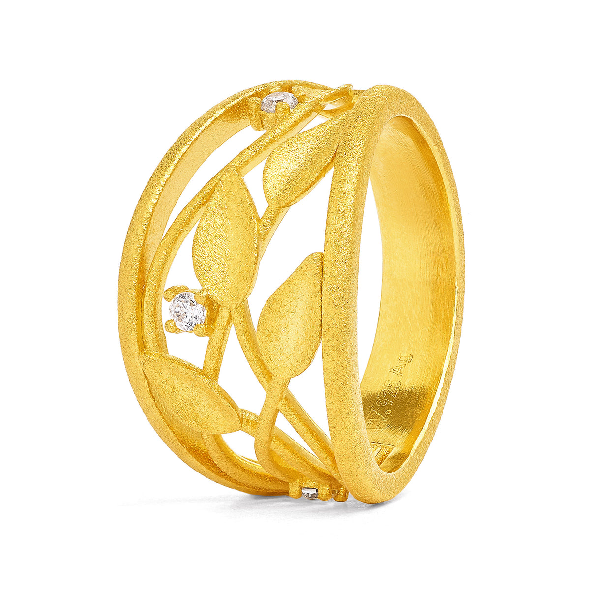 Ring Driluna von BERND WOLF aus 24-Karat-goldplattiertem Sterlingsilber mit Zirkonia, Designlinie Leaves.