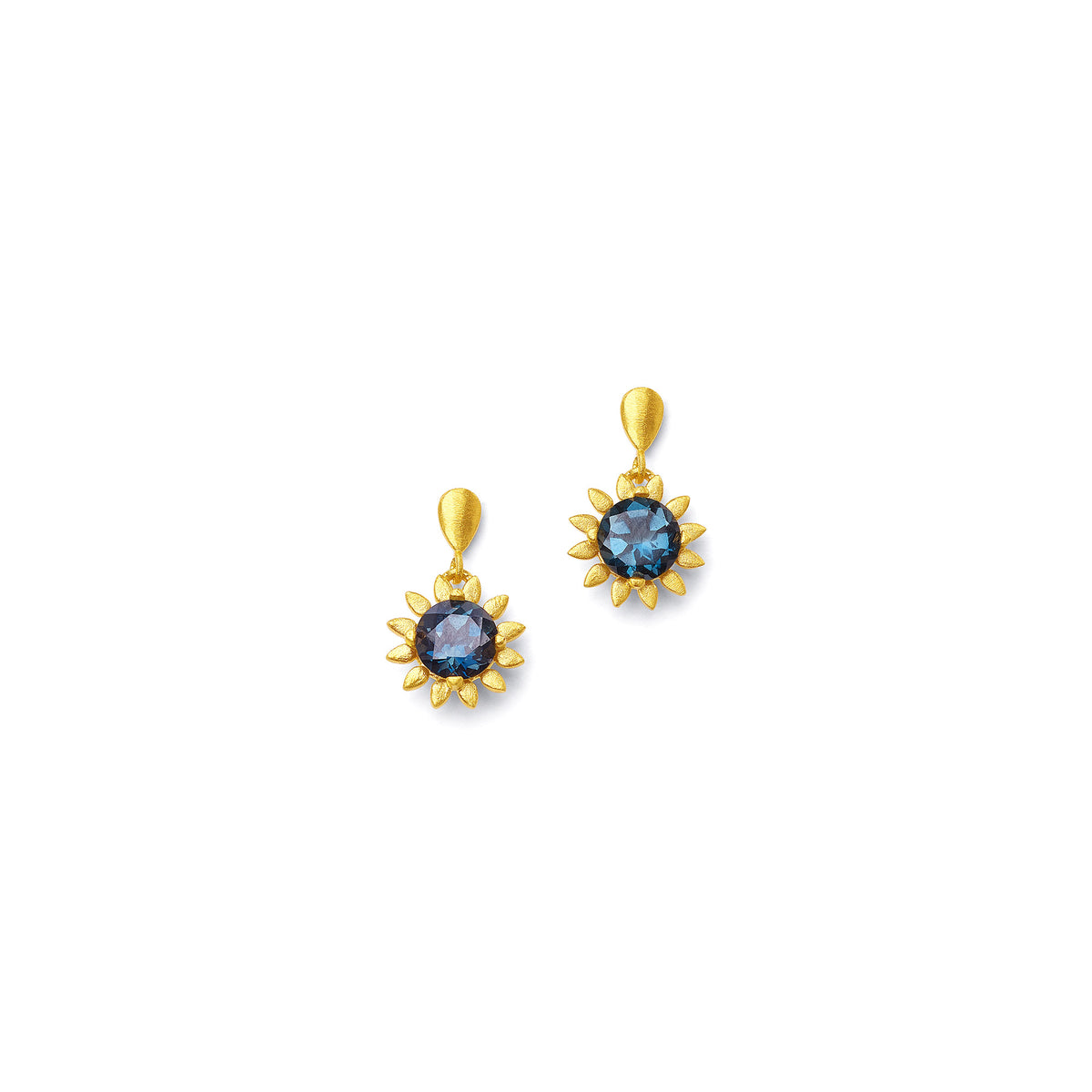 Ohrhänger Soleil von BERND WOLF aus 24-Karat-goldplattiertem Sterlingsilber mit Topas blau, Designlinie Soleil.