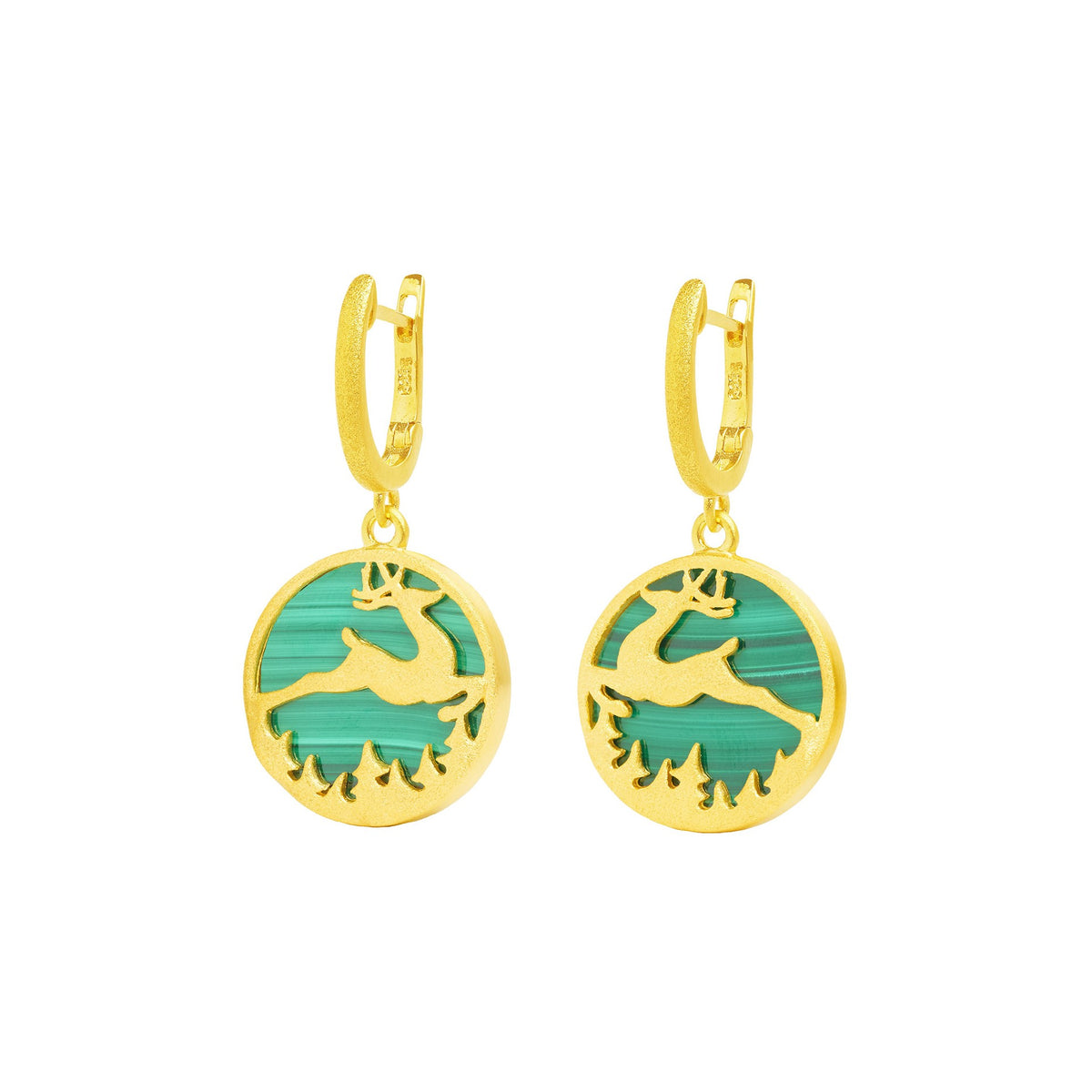 Ohrhänger Hirsch von BERND WOLF aus 24-Karat-goldplattiertem Sterlingsilber mit Malachit, Designlinie Bergwelt.