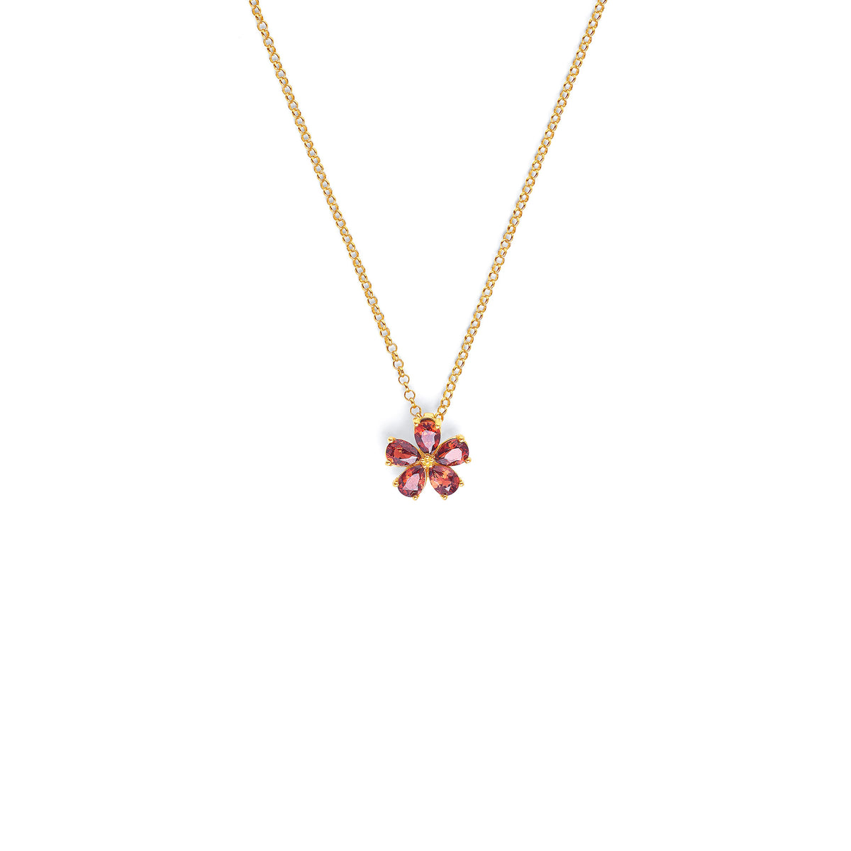 Kette mit Anhänger Marga von BERND WOLF aus 24-Karat-goldplattiertem Sterlingsilber mit Granat, Designlinie Flowertimes.
