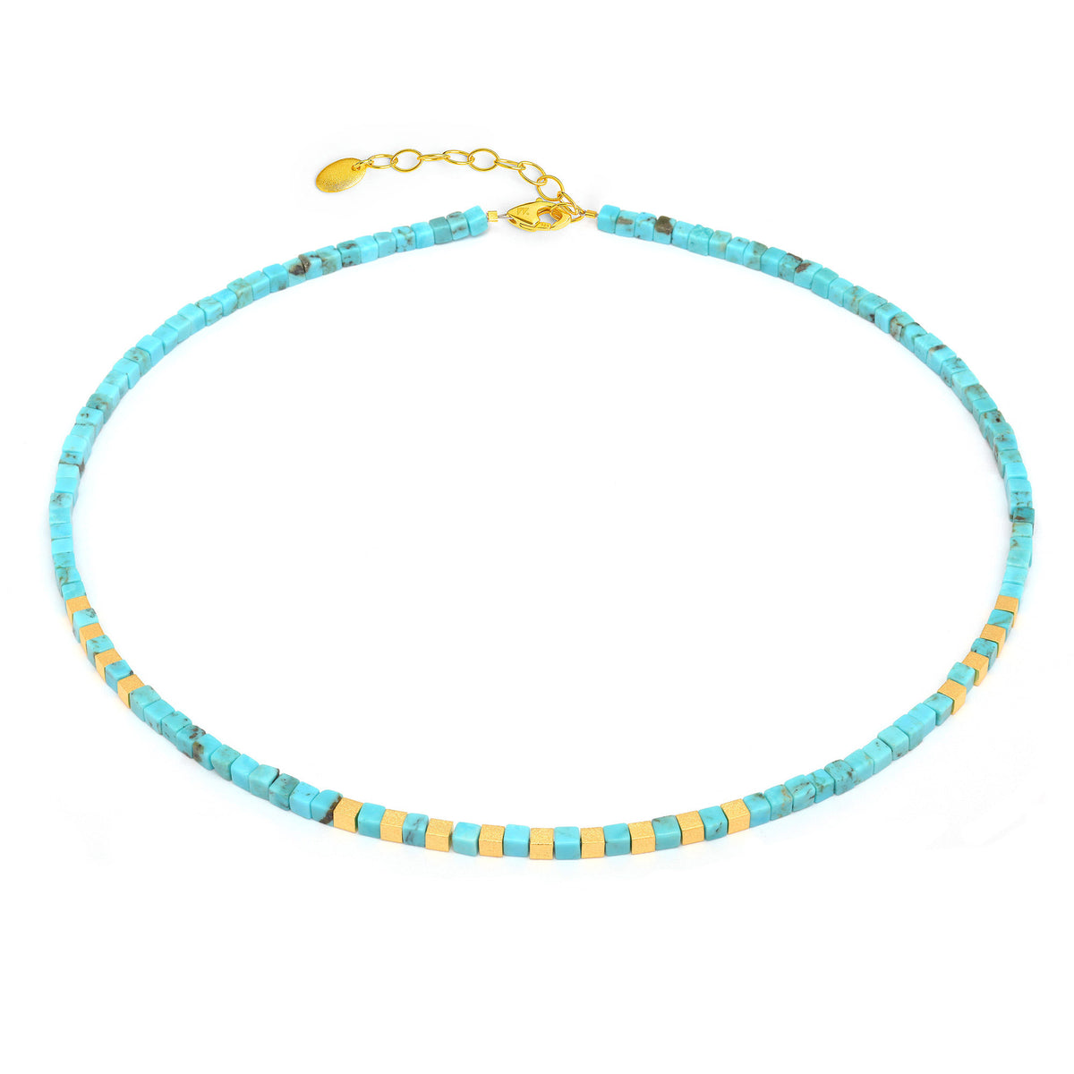Halskette Cubis von BERND WOLF aus 24-Karat-goldplattiertem Sterlingsilber mit Türkis blau, Designlinie Cubes.
