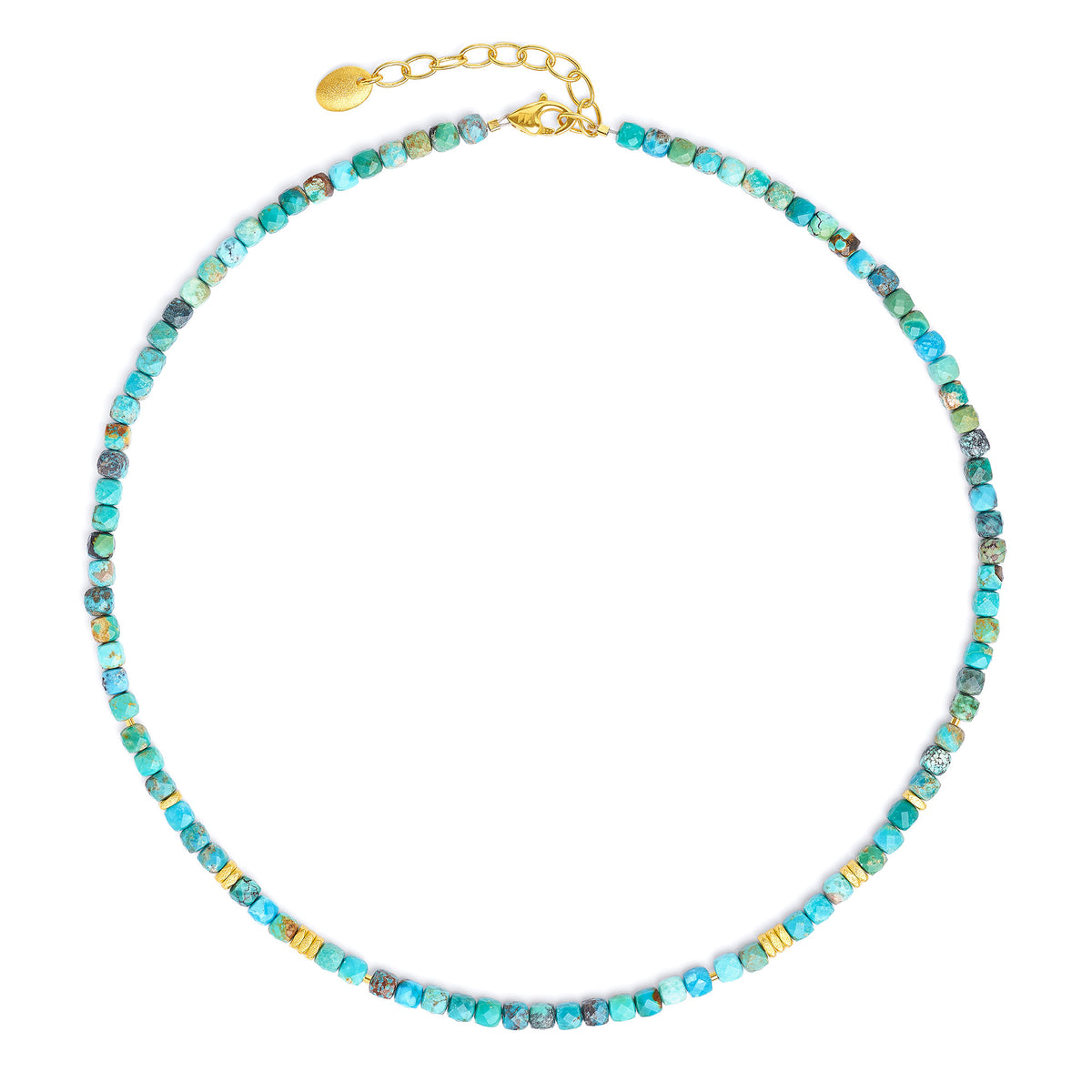 Halskette Fabella von BERND WOLF aus 24-Karat-goldplattiertem Sterlingsilber mit Türkis blau, Designlinie Cubes.