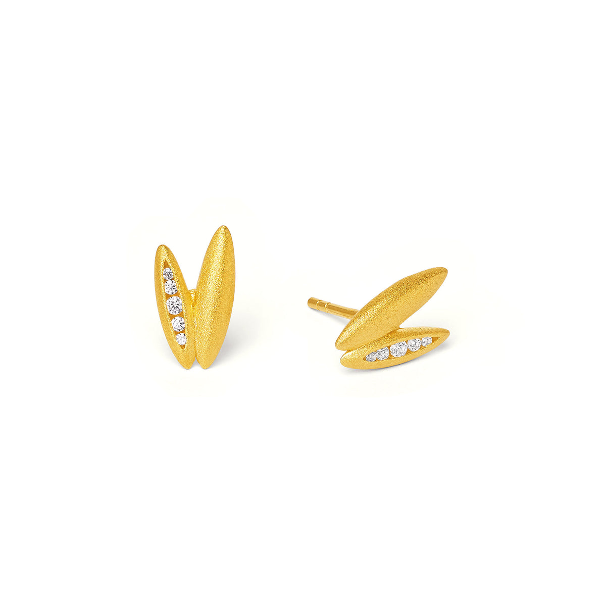 Ohrstecker Venduetto von BERND WOLF aus 24-Karat-goldplattiertem Sterlingsilber mit Zirkonia, Designlinie Navette.