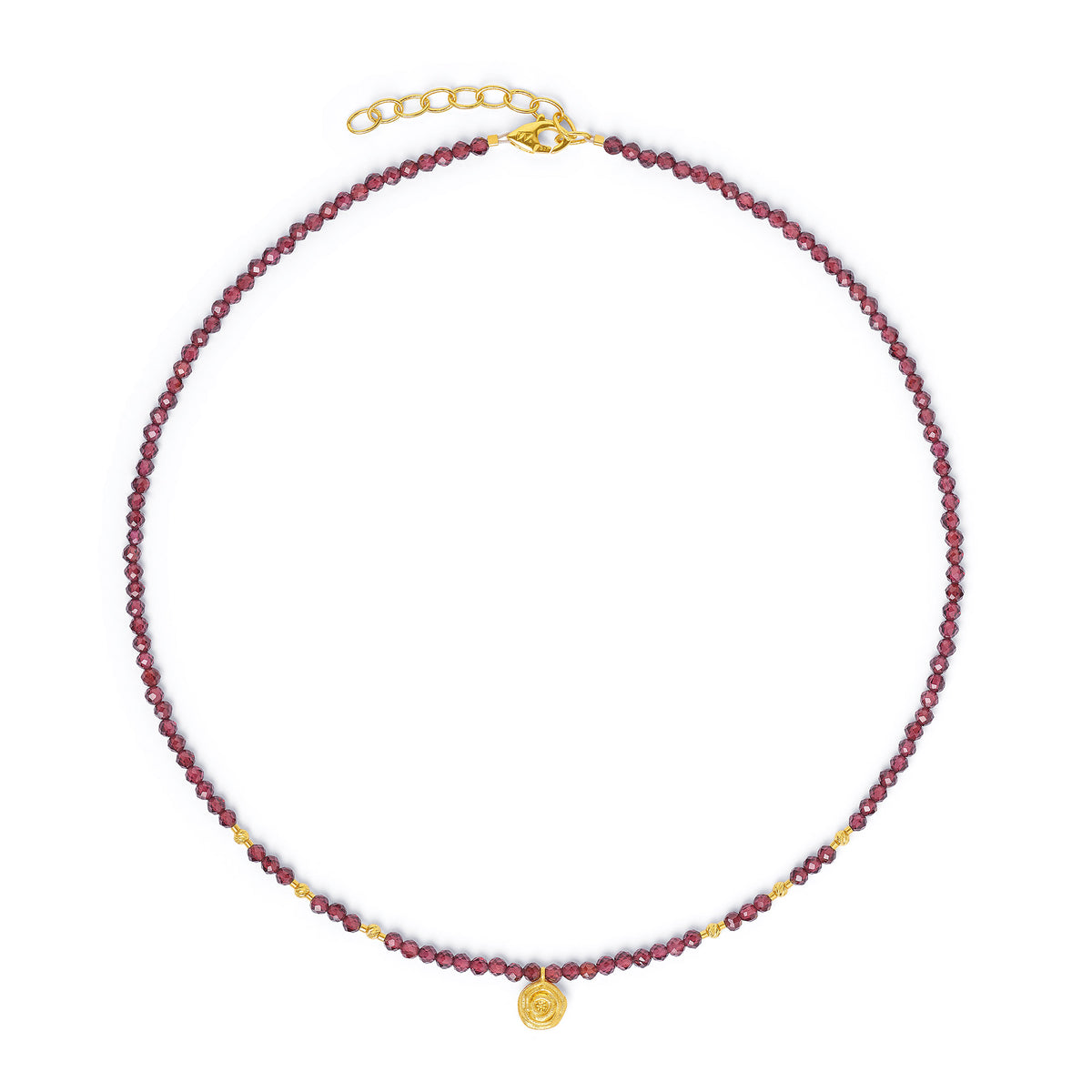 Halskette Rosemarie von BERND WOLF aus 24-Karat-goldplattiertem Sterlingsilber mit Granat, Designlinie Rose.