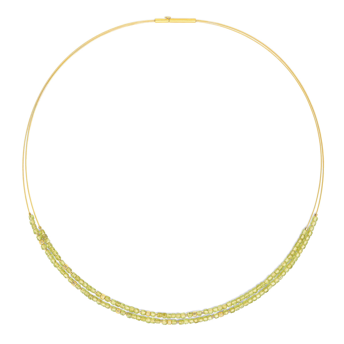 Collier Cusca von BERND WOLF aus 24-Karat-goldplattiertem Sterlingsilber mit Peridot, Designlinie Cubes.