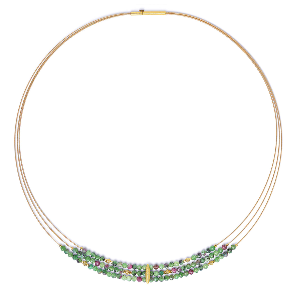 Collier Venizias von BERND WOLF aus 24-Karat-goldplattiertem Sterlingsilber mit Rubin-Zoisit, Designlinie Navette.