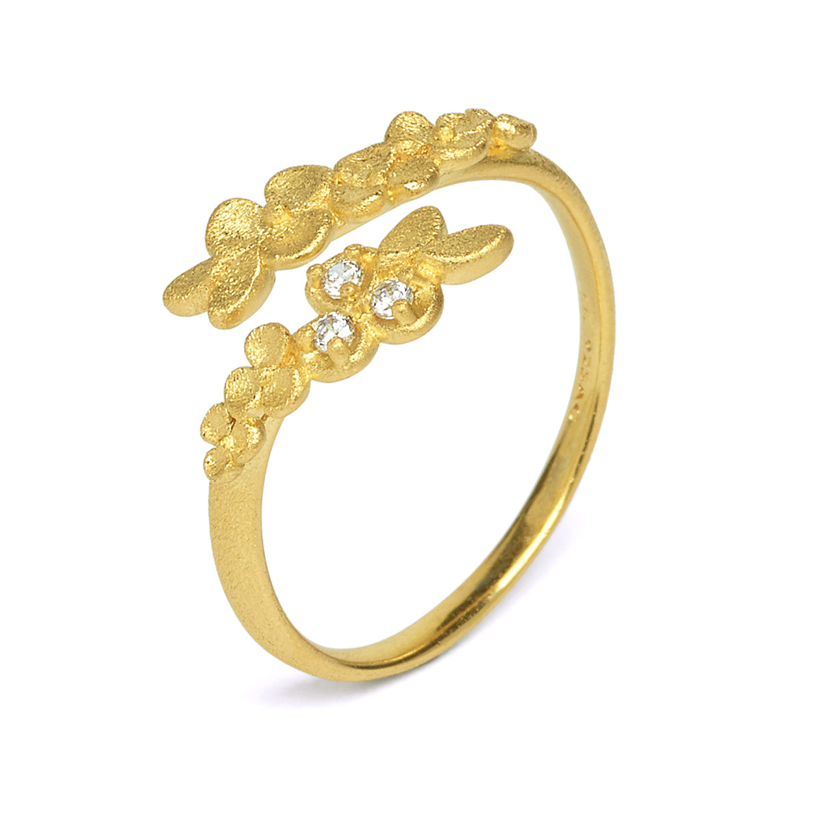 Ring Melia von BERND WOLF aus 24-Karat-goldplattiertem Sterlingsilber mit Zirkonia, Designlinie Flowertimes.