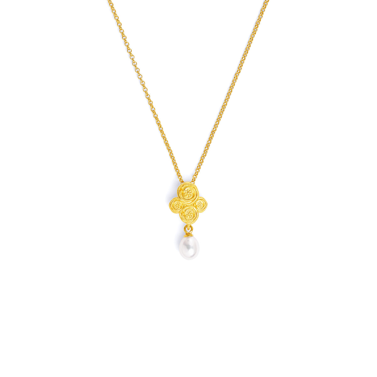Kette mit Anhänger Rosecross von BERND WOLF aus 24-Karat-goldplattiertem Sterlingsilber mit Süßwasserperle, Designlinie Rose.