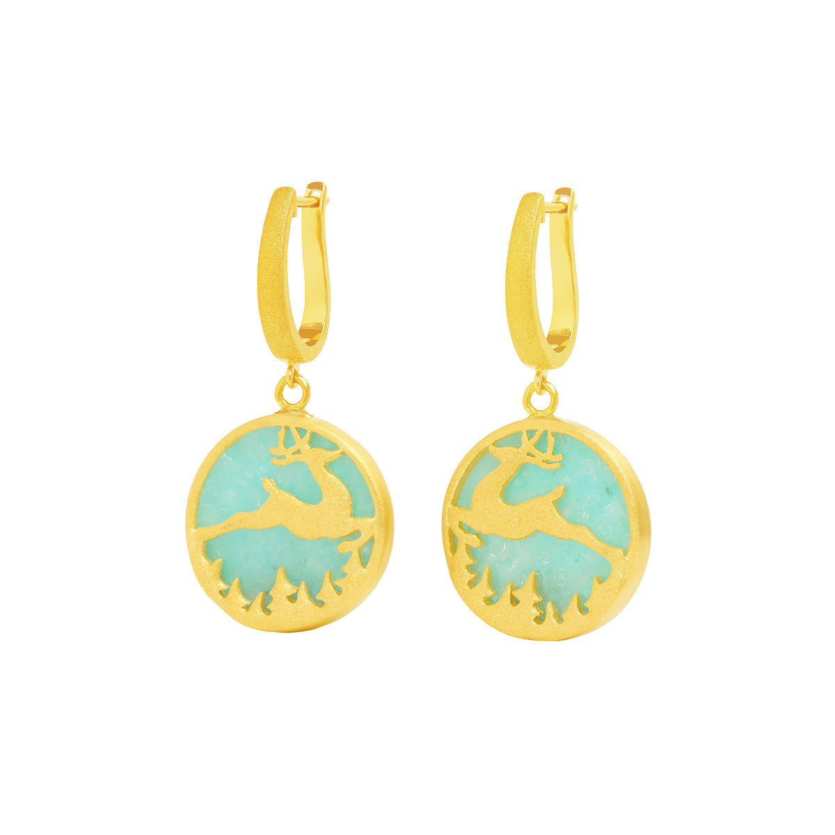 Ohrhänger Hirsch von BERND WOLF aus 24-Karat-goldplattiertem Sterlingsilber mit Amazonit, Designlinie Bergwelt.