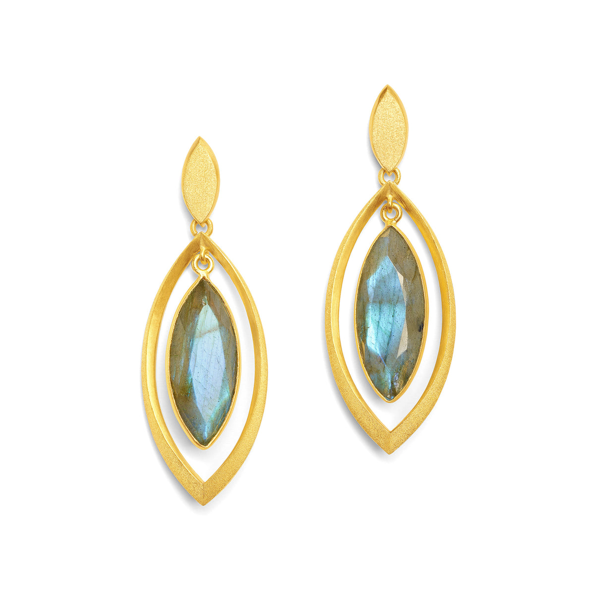 Ohrhänger Marquisa von BERND WOLF aus 24-Karat-goldplattiertem Sterlingsilber mit Labradorit, Designlinie Navette.