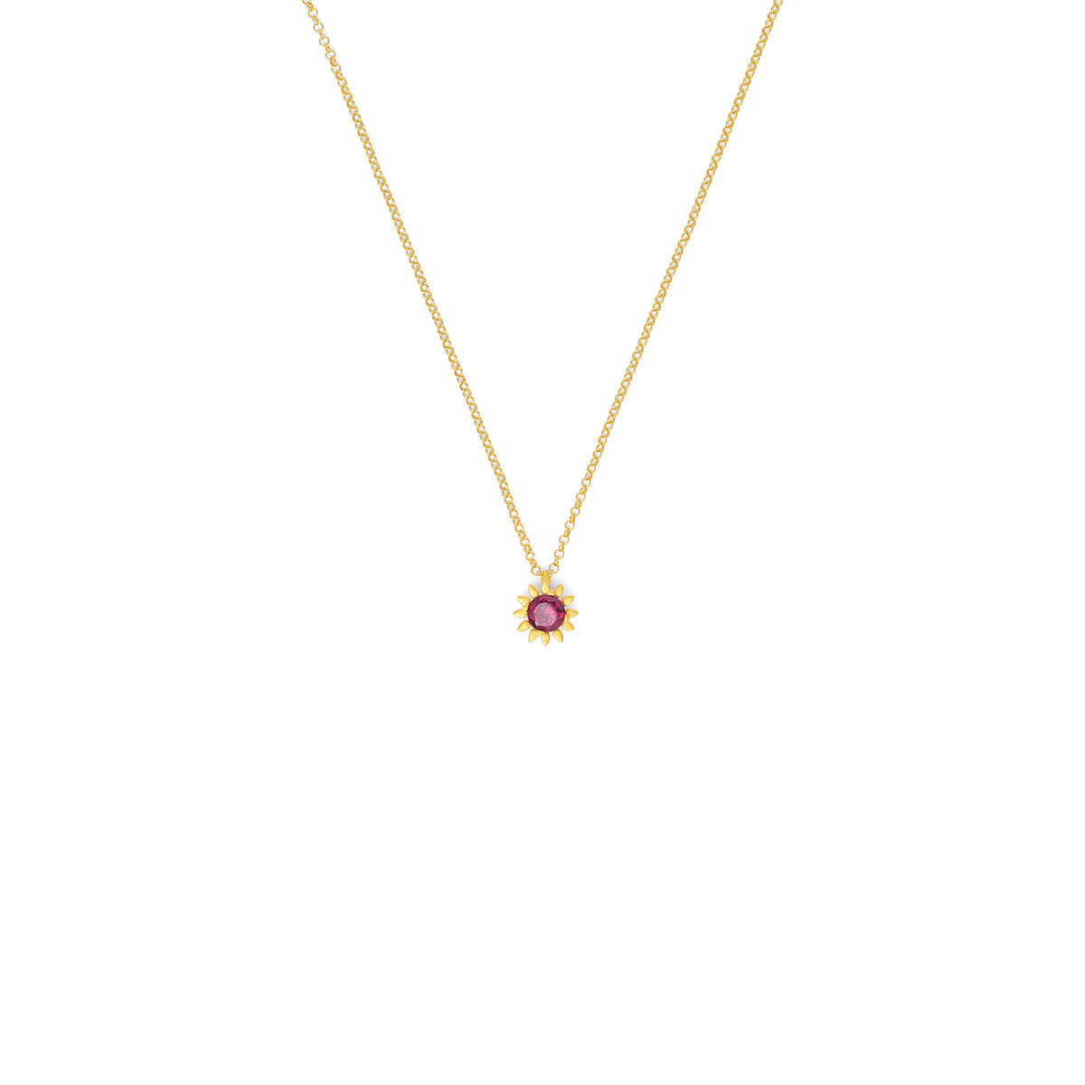 Kette mit Anhänger Soleil von BERND WOLF aus 24-Karat-goldplattiertem Sterlingsilber mit Rhodolith, Designlinie Soleil.