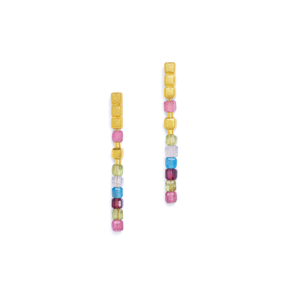 Ohrhänger Cuseni von BERND WOLF aus 24-Karat-goldplattiertem Sterlingsilber mit Multicolor, Designlinie Cubes.