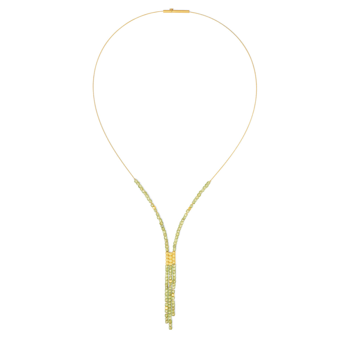 Y-Collier Yacuni von BERND WOLF aus 24-Karat-goldplattiertem Sterlingsilber mit Peridot, Designlinie Cubes.