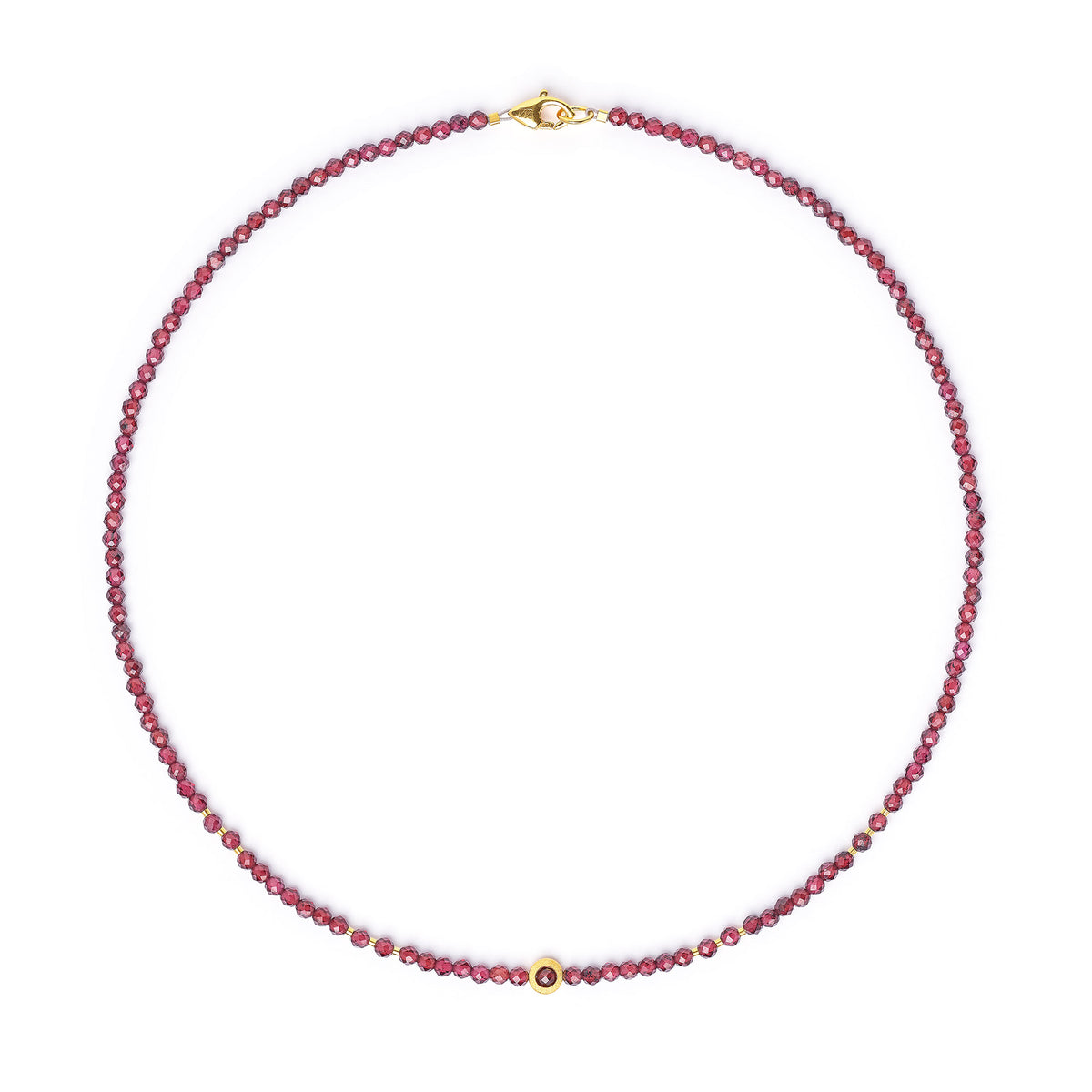 Halskette Umini von BERND WOLF aus 24-Karat-goldplattiertem Sterlingsilber mit Granat, Designlinie Cleopatra.