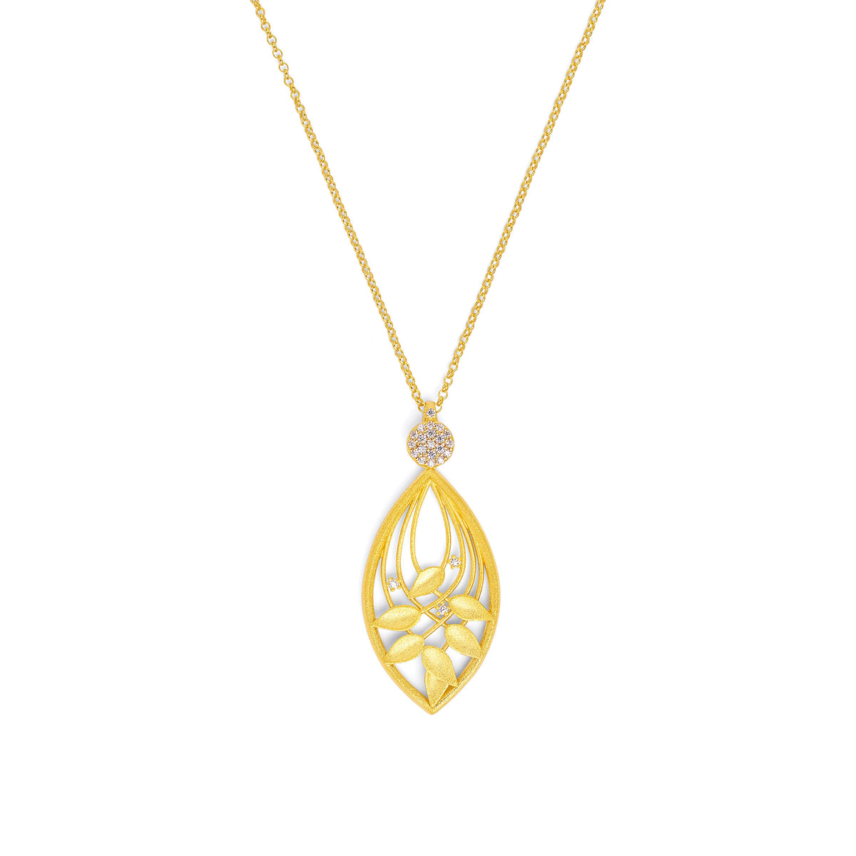 Kette mit Anhänger Driluna von BERND WOLF aus 24-Karat-goldplattiertem Sterlingsilber mit Zirkonia, Designlinie Leaves.