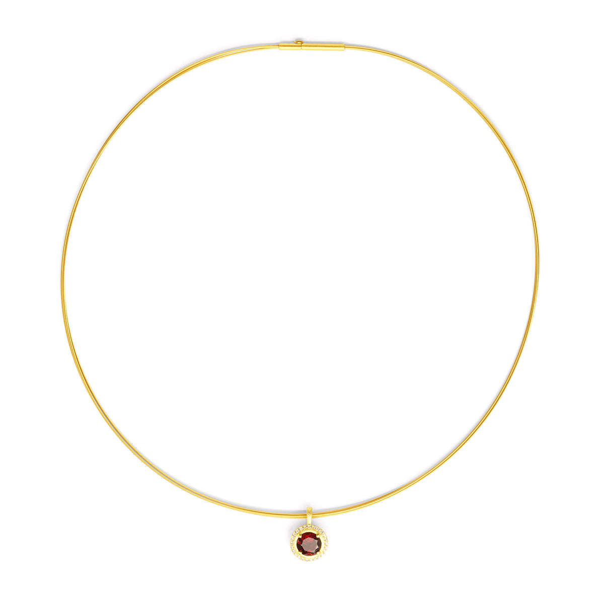 Collier Disenia von BERND WOLF aus 24-Karat-goldplattiertem Sterlingsilber mit Granat, Designlinie Planeo.