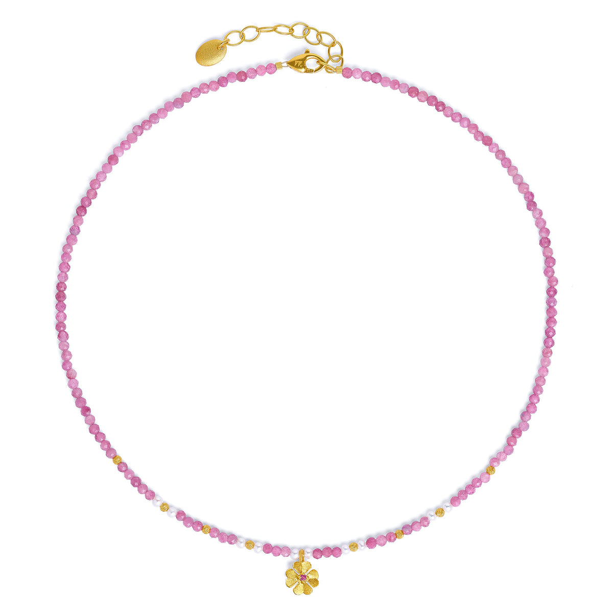 Kette mit Anhänger Kleeperla von BERND WOLF aus 24-Karat-goldplattiertem Sterlingsilber mit Turmalin pink, Designlinie Glücksbringer.