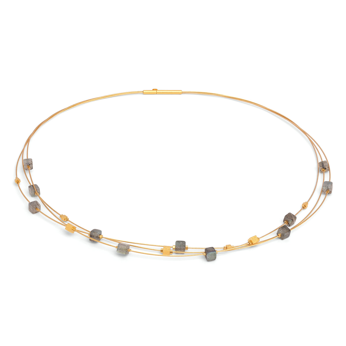 Collier Lacubia von BERND WOLF aus 24-Karat-goldplattiertem Sterlingsilber mit Labradorit, Designlinie Cubes.
