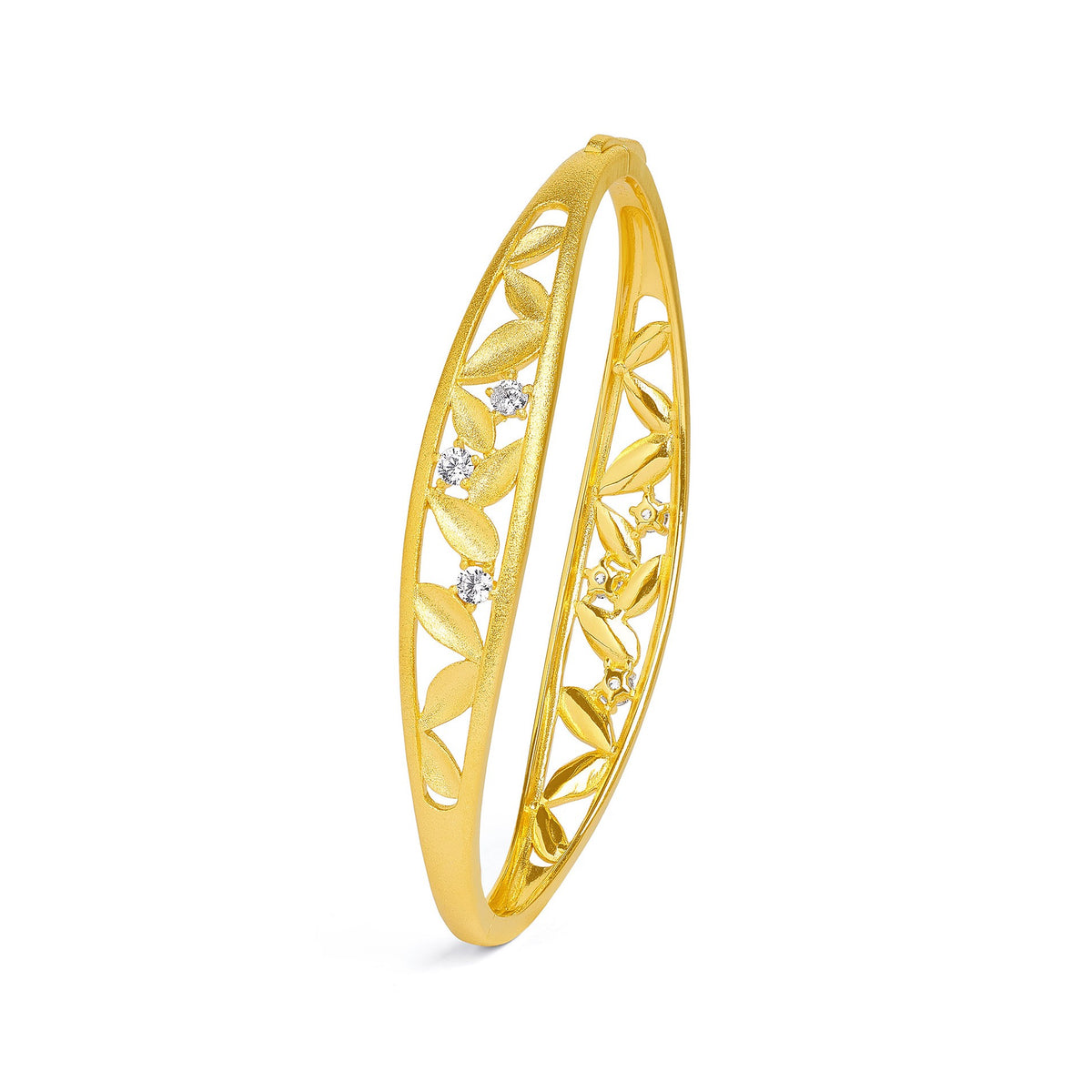 Armreif Driluni von BERND WOLF aus 24-Karat-goldplattiertem Sterlingsilber mit Zirkonia, Designlinie Leaves.