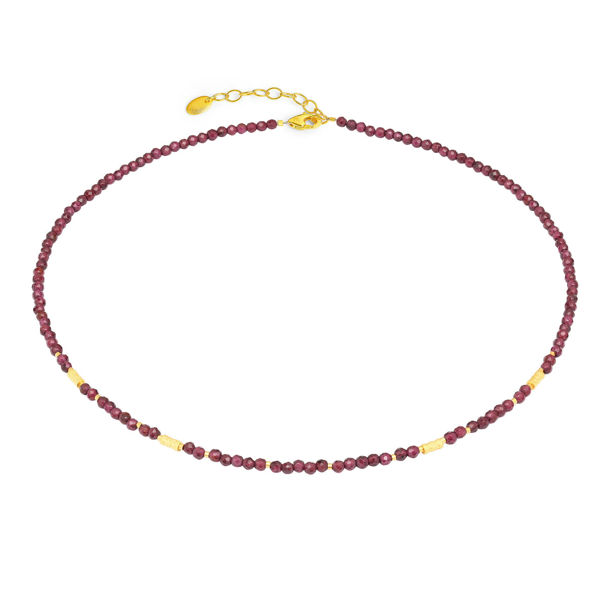 Halskette Wasena von BERND WOLF aus 24-Karat-goldplattiertem Sterlingsilber mit Granat, Designlinie Mosaik.