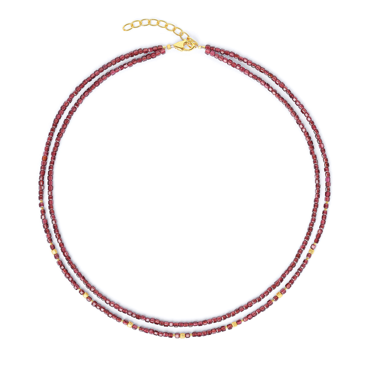 Halskette Cusoli von BERND WOLF aus 24-Karat-goldplattiertem Sterlingsilber mit Granat, Designlinie Cubes.