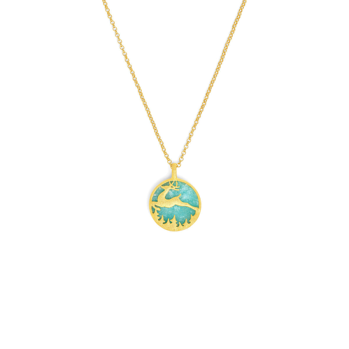 Kette mit Anhänger Hirsch von BERND WOLF aus 24-Karat-goldplattiertem Sterlingsilber mit Amazonit, Designlinie Bergwelt.