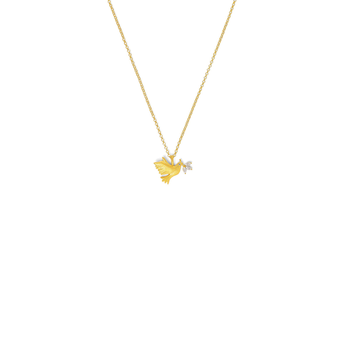 Kette mit Anhänger Taube von BERND WOLF aus 24-Karat-goldplattiertem Sterlingsilber mit Zirkonia, Designlinie Friedenstaube.