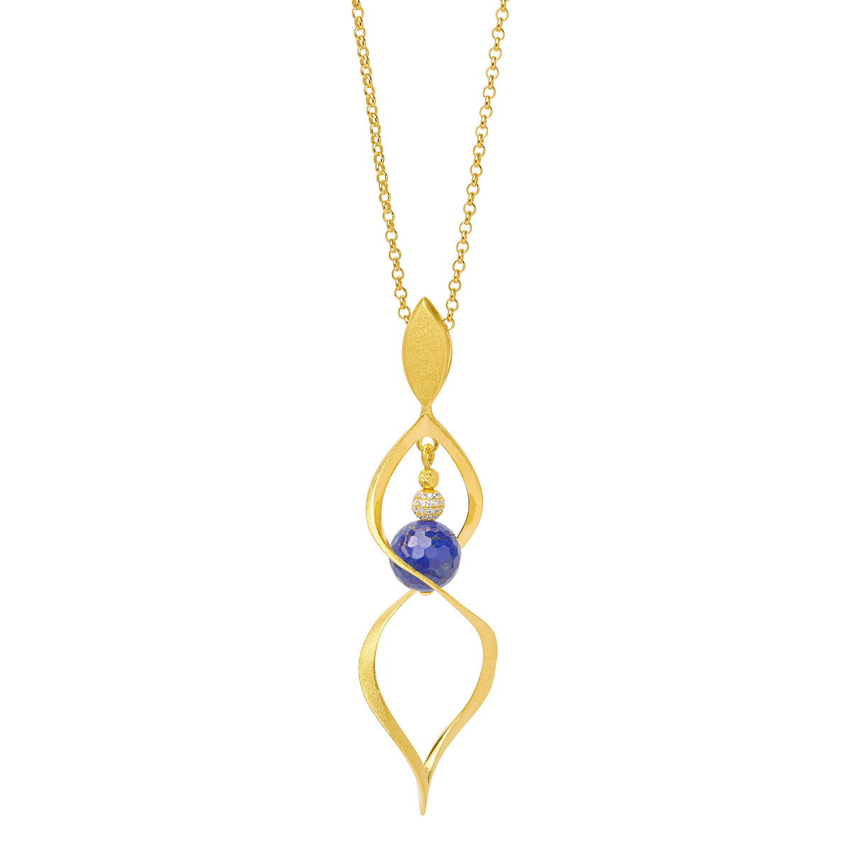 Kette mit Anhänger Spiroletta von BERND WOLF aus 24-Karat-goldplattiertem Sterlingsilber mit Lapislazuli, Designlinie Navette.
