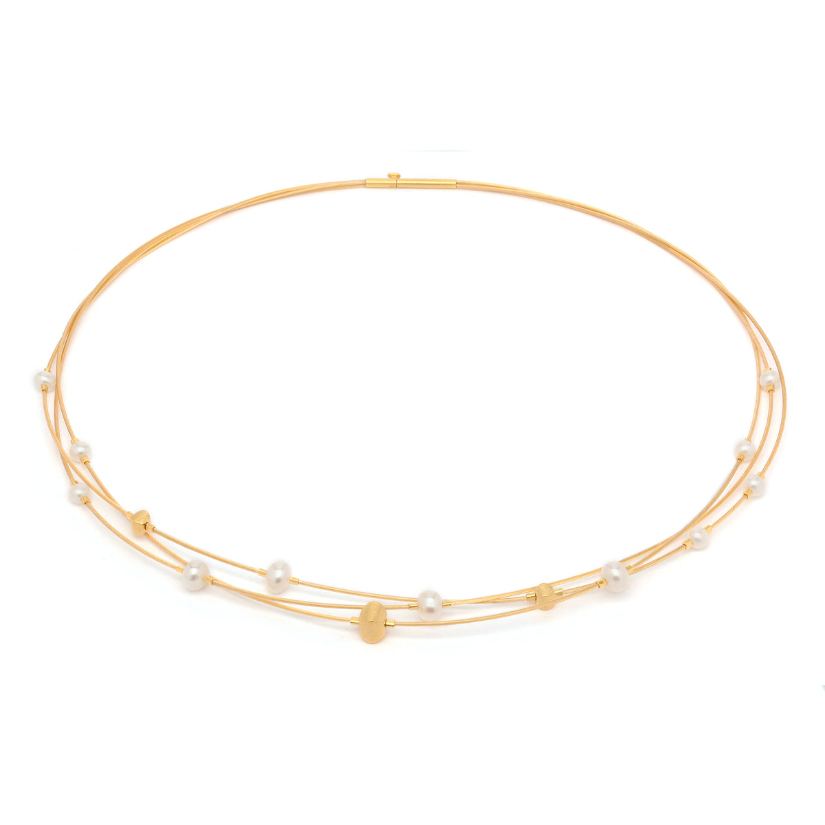 Collier Lastela von BERND WOLF aus 24-Karat-goldplattiertem Sterlingsilber mit Süßwasserperle, Designlinie Lampa.