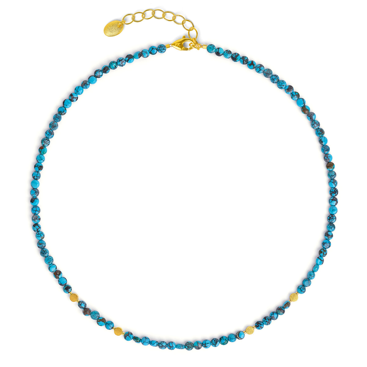 Halskette Discasi von BERND WOLF aus 24-Karat-goldplattiertem Sterlingsilber mit Türkis blau, Designlinie Specials.