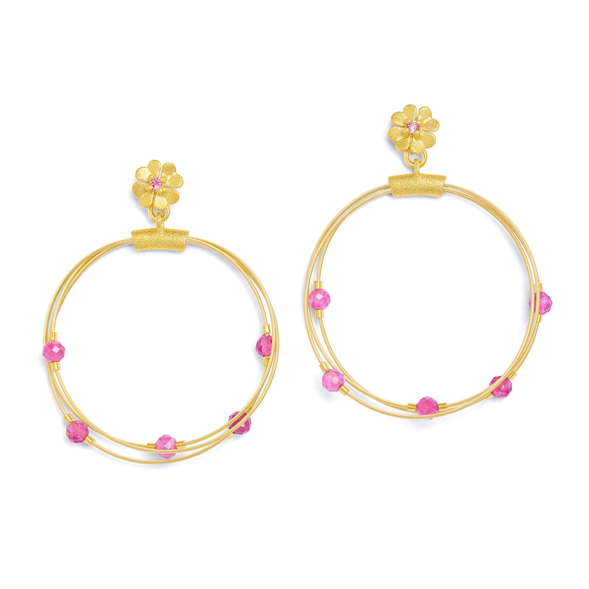 Ohrhänger Rondelli von BERND WOLF aus 24-Karat-goldplattiertem Sterlingsilber mit Turmalin pink, Designlinie Glücksbringer.