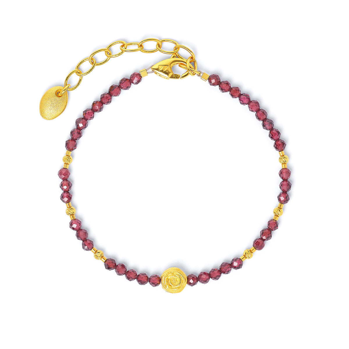 Armkette Rosi von BERND WOLF aus 24-Karat-goldplattiertem Sterlingsilber mit Granat, Designlinie Rose.