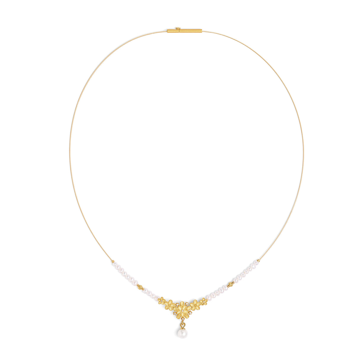Collier Yaceri von BERND WOLF aus 24-Karat-goldplattiertem Sterlingsilber mit Süßwasserperle, Designlinie Flowertimes.